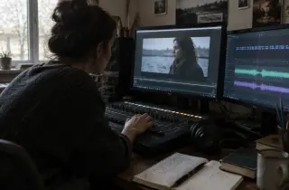 Sound editor comparing audio tracks and subtitle timing in a softly lit post-production studio