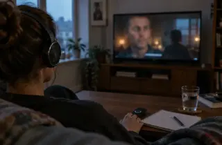 Viewer adjusting a streaming audio and subtitle setting in a softly lit living room.