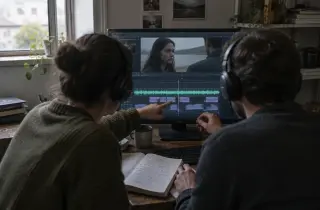Deux collaborateurs vérifient la synchronisation de sous-titres et de sons dans une salle de postproduction éclairée par la lumière du jour.